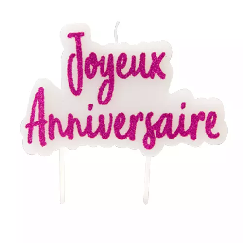 Photo du produit Bougie sur pique joyeux anniversaire fuschia pailletée 8 x 5 cm