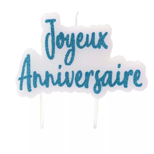 Photo du produit Bougie sur pique joyeux anniversaire turquoise pailletée 8 x 5 cm