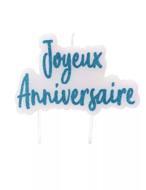 Photo du produit Bougie sur pique joyeux anniversaire turquoise pailletée 8 x 5 cm