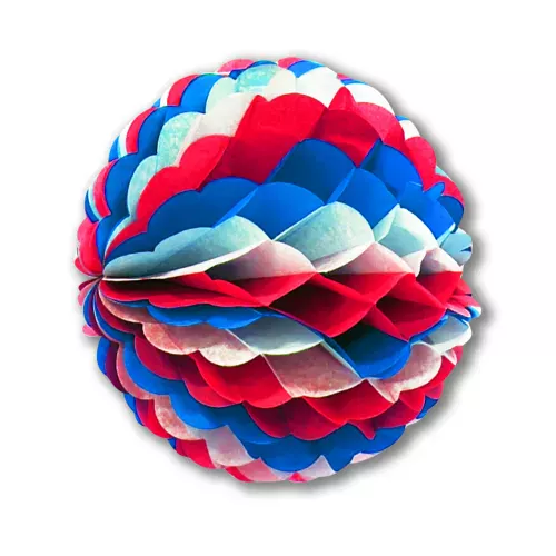 Photo du produit Boule en papier alvéolé bleu blanc rouge 25 cm
