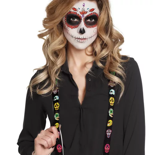 Photo du produit Bretelles noires avec squelettes mexicains adulte Dia de los muertos