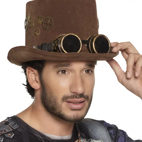 Photo du produit Chapeau haut de forme marron rouages lunettes Steampunk adulte
