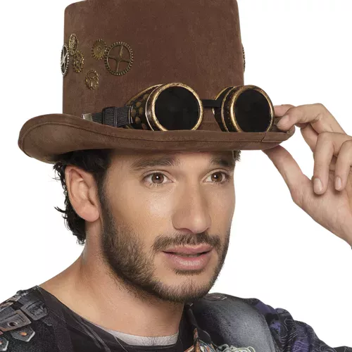 Photo du produit Chapeau haut de forme marron rouages lunettes Steampunk adulte