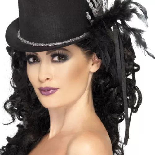 Photo du produit Chapeau haut de forme noir avec main squelette et plumes femme Halloween
