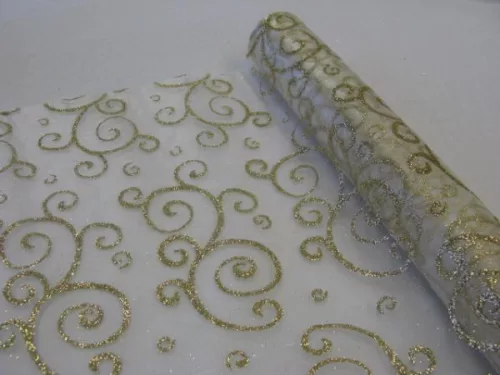 Photo du produit Chemin de table organza doré arabesques pailletées 5 m