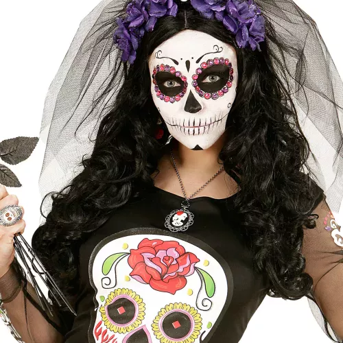 Photo du produit Coiffe fleurs violettes avec tête de mort femme Dia de los muertos
