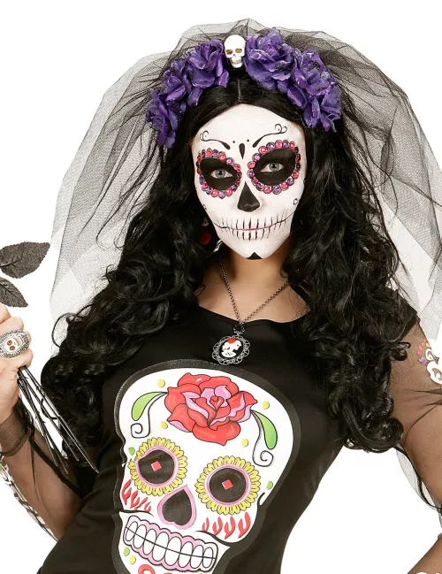 Photo du produit Coiffe fleurs violettes avec tête de mort femme Dia de los muertos