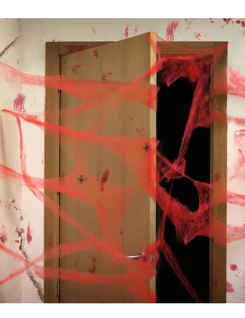 Photo du produit Décoration toile d'araigné rouge avec araignées 20 g Halloween