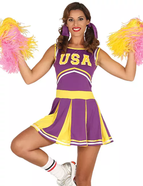 Photo du produit Déguisement pompom girl USA violet et jaune femme
