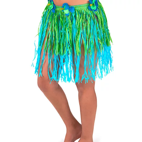 Photo du produit Jupe hawaïenne courte verte et bleue avec fleurs adulte