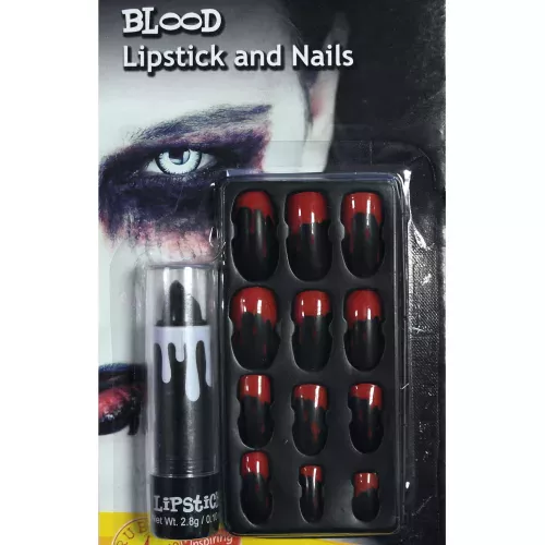 Photo du produit Kit rouge à lèvre et faux-ongles ensanglantés adulte