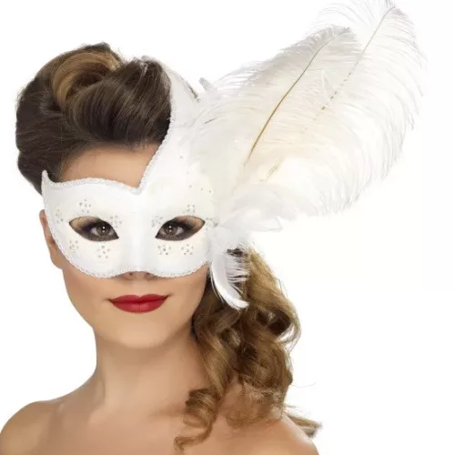 Photo du produit Loup vénitien blanc avec plumes blanches adulte