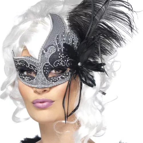 Photo du produit Loup vénitien ange noir avec grande plume noir adulte