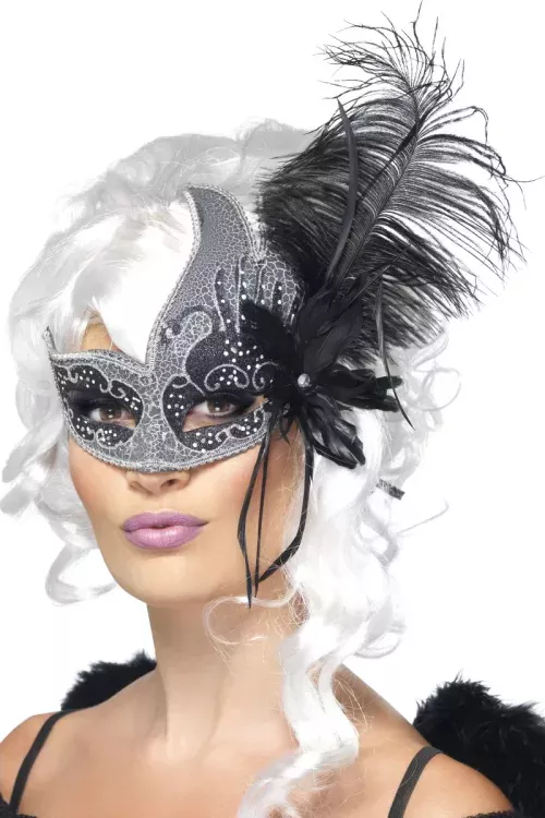 Photo du produit Loup vénitien ange noir avec grande plume noir adulte