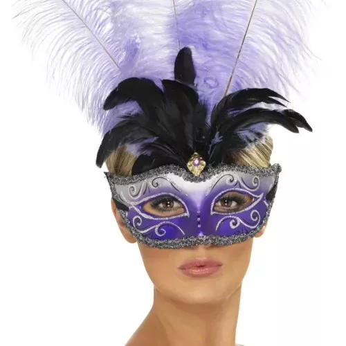 Photo du produit Loup vénitien violet avec grandes plumes noire et violette adulte
