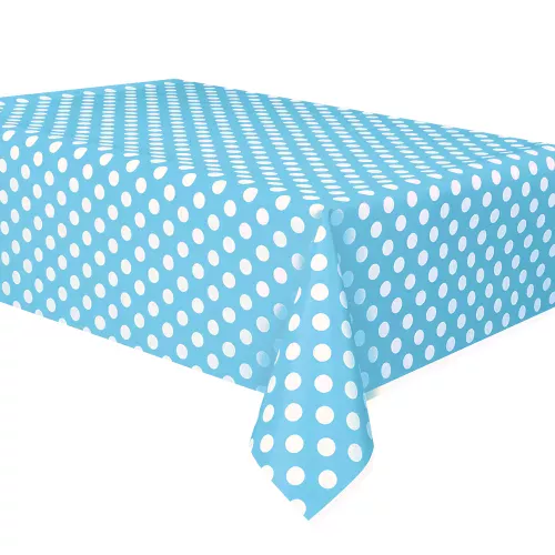 Photo du produit Nappe bleue à pois blancs en plastique 137 x 274 cm