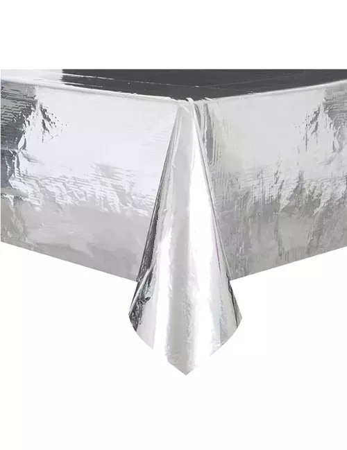 Photo du produit Nappe en plastique métallisée argent 137 x 274 cm