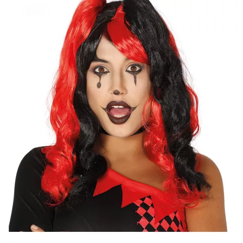 Photo du produit Perruque arlequin couettes noires et rouges femme