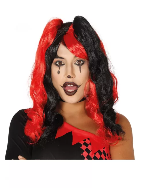Photo du produit Perruque arlequin couettes noires et rouges femme