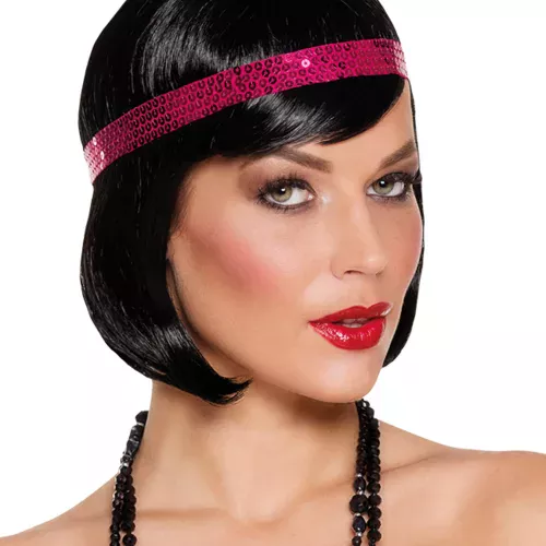 Photo du produit Perruque courte noire cabaret avec bandeau à sequins rose femme