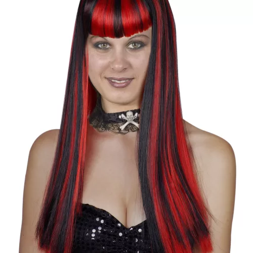 Photo du produit Perruque longue noire avec frange et balayage rouge femme