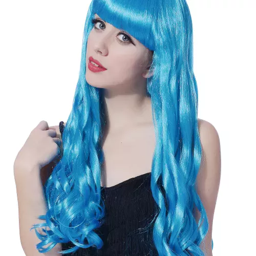 Photo du produit Perruque longue ondulée bleue avec frange femme