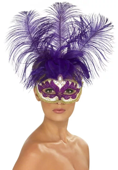 Photo du produit Loup vénitien violet avec plumes violettes adulte