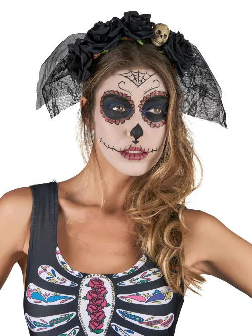 Photo du produit Serre tête noir voile dentelle Dia De Los Muertos