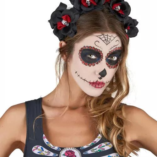Photo du produit Serre tête fleurs noir et rouge Dia De Los Muertos adulte