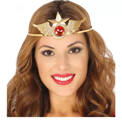 Photo du produit Serre-tête métal or avec pierre rouge super héroïne femme
