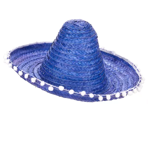 Photo du produit Sombrero bleu à bordure pompons adulte