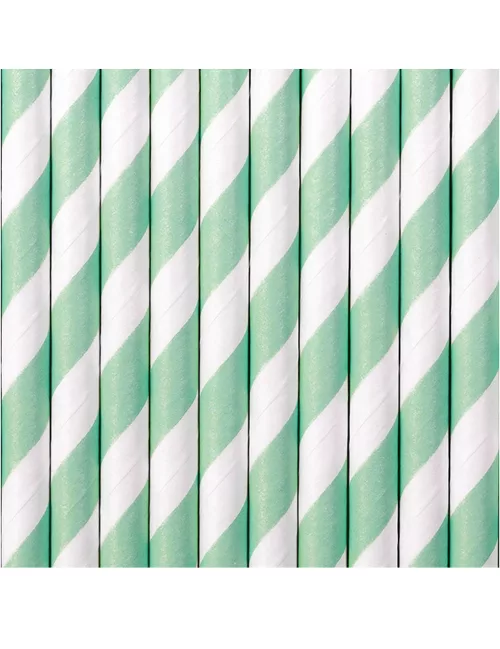 Photo du produit 10 Pailles en carton rayées blanches et menthe 19,5 cm
