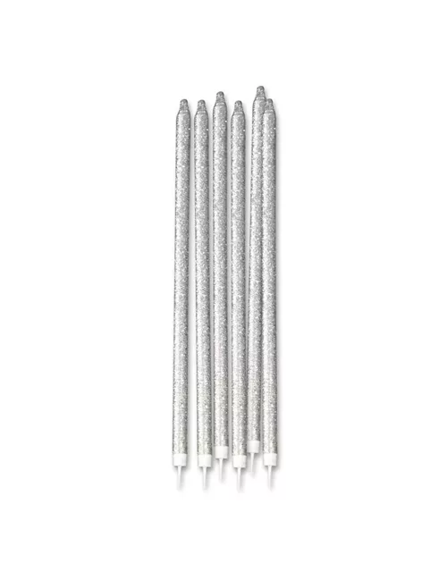 Photo du produit 12 Grandes bougies pailletées argentées 15 cm
