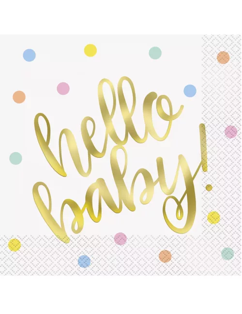 Photo du produit 16 Serviettes en papier hello baby blanches et or 33 x 33 cm