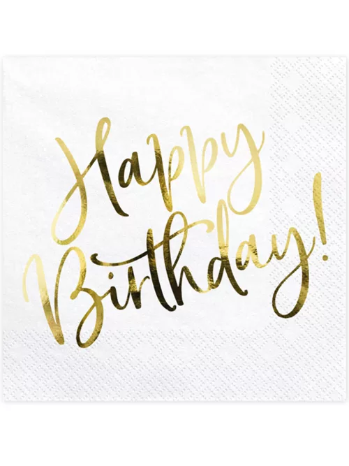 Photo du produit 20 Serviettes en papier happy birthday blanches et dorées 33 x 33 cm
