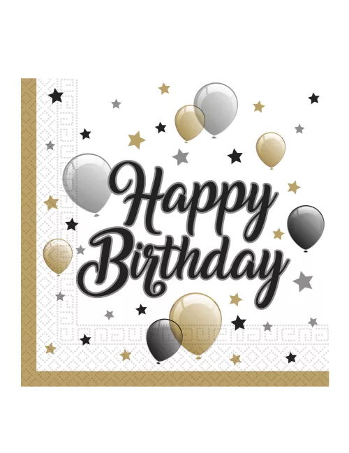 Photo du produit 20 Serviettes en papier happy birthday doré noir argent 33 x 33 cm