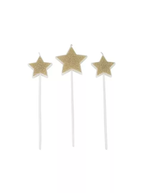 Photo du produit 3 Bougies sur pic étoiles paillettes champagne 11 cm