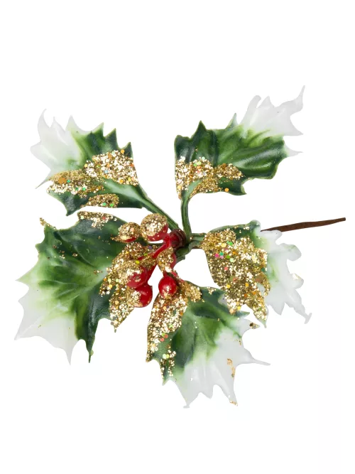 Photo du produit 4 Branches de houx sur tige paillettes or 9 cm