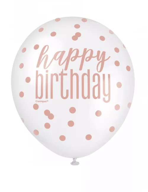 Photo du produit 6 Ballons en latex happy birthday à pois blancs et roses 30 cm
