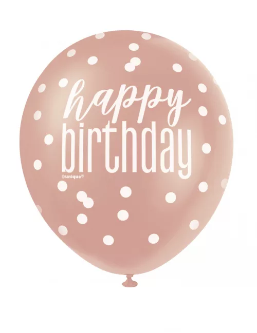 Photo du produit 6 Ballons en latex happy birthday à pois blancs et roses 30 cm