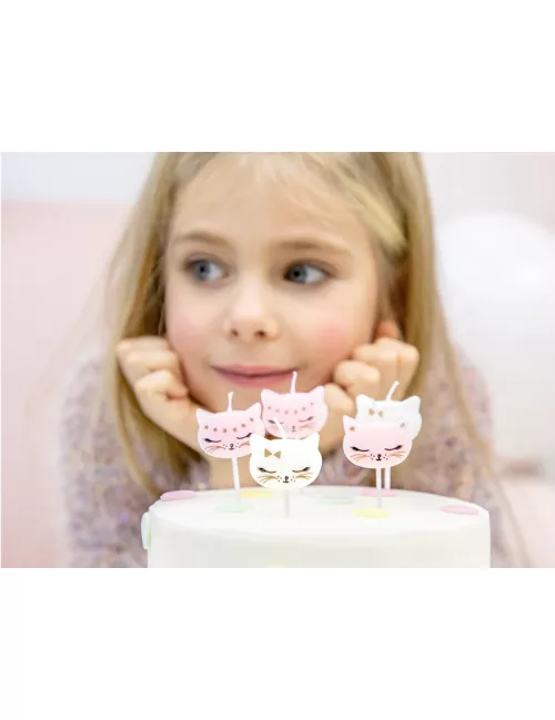 Photo du produit 6 Bougies d'anniversaire chaton blanches et roses 2 cm