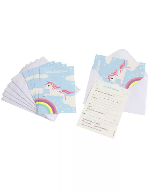 Photo du produit 6 Cartons d'invitation avec enveloppes licorne magique bleue