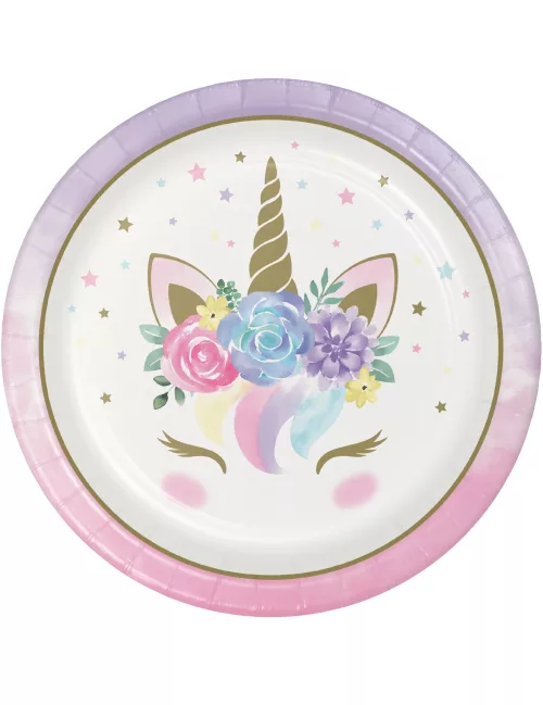 Photo du produit 8 Assiettes en carton licorne féerique blanches 23 cm