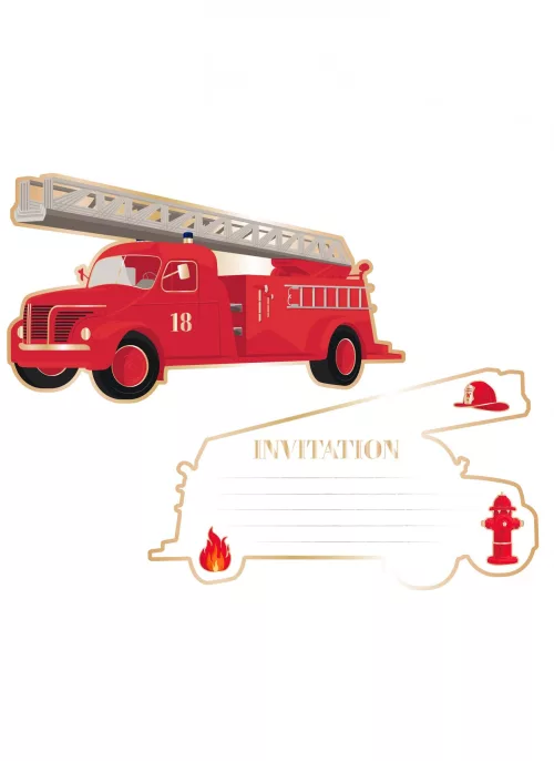 Photo du produit 8 Cartes d'invitation camion de pompier 17 x 9,5 cm