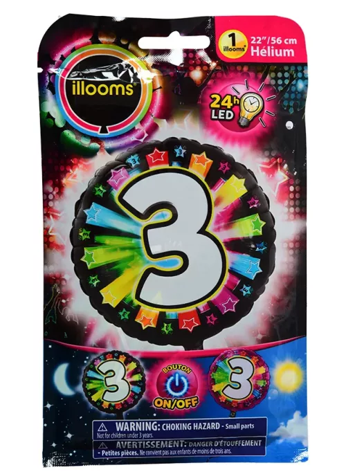 Photo du produit Ballon aluminium chiffre 3 multicolore LED Illooms® 50 cm