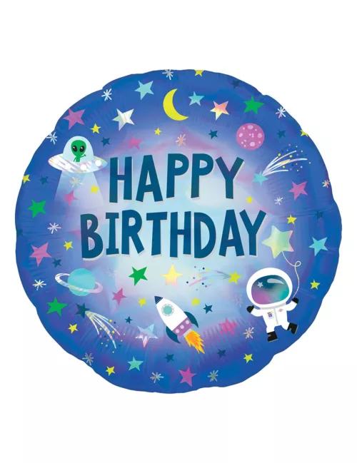 Photo du produit Ballon aluminium holographique Happy Birthday espace 45 cm