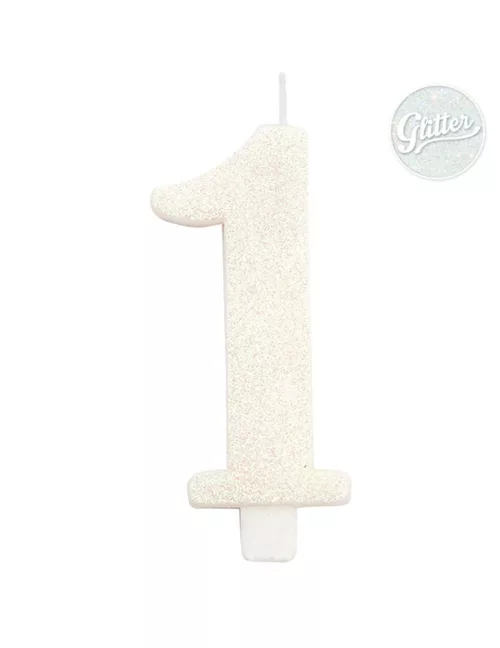Photo du produit Bougie anniversaire chiffre blanche pailletée 9,5 cm