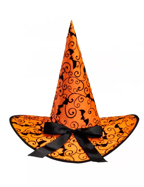 Photo du produit Chapeau sorcière orange chauve-souris 36 cm