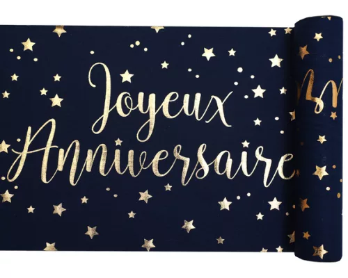 Photo du produit Chemin de table coton joyeux anniversaire bleu et or 28 cm x 3 m