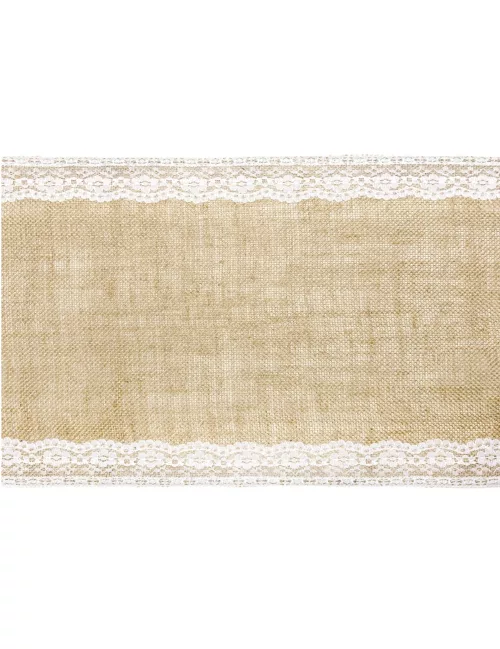 Photo du produit Chemin de table en jute bordures dentelle 28 cm x 2,75 m